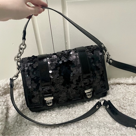 COACH Poppy Sequin Black Patent Leather Convertible Bag Purse RARE - Picture 1 of 12
